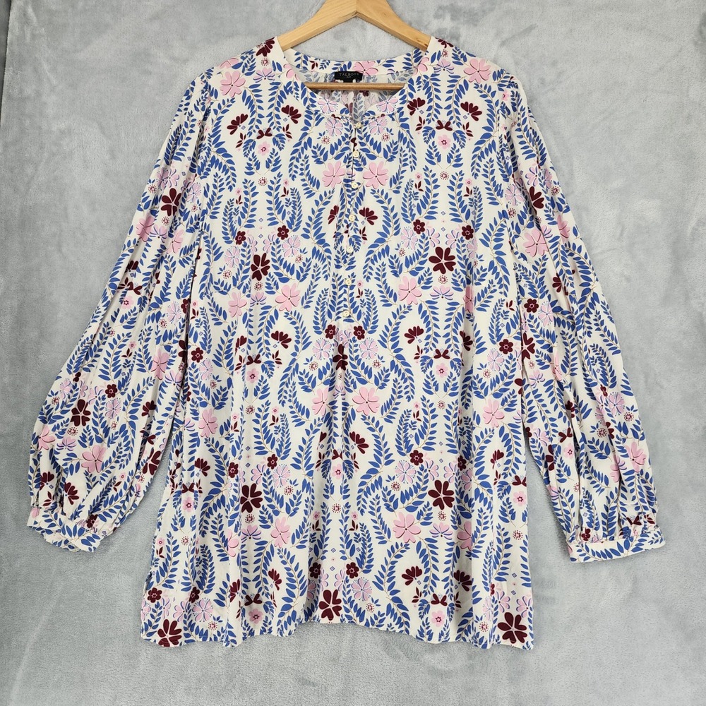 Talbots Top Womens Size 2X Heart Floral Print Blouse Button Front Shirt Blue